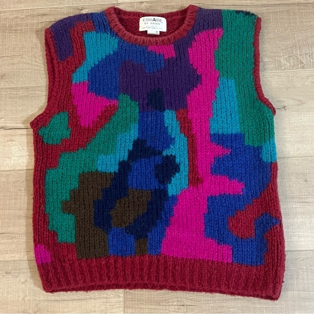 Vintage Rich Jewel Tones Chunky Hand Knitted  Pullover Sleeveless Vest Medium